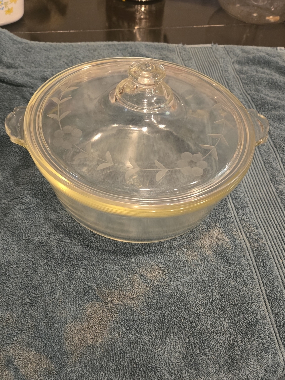 Antique PYREX Round Covered Casserole Dish 1920s Etched Floral Lid "Dollar Sign"
